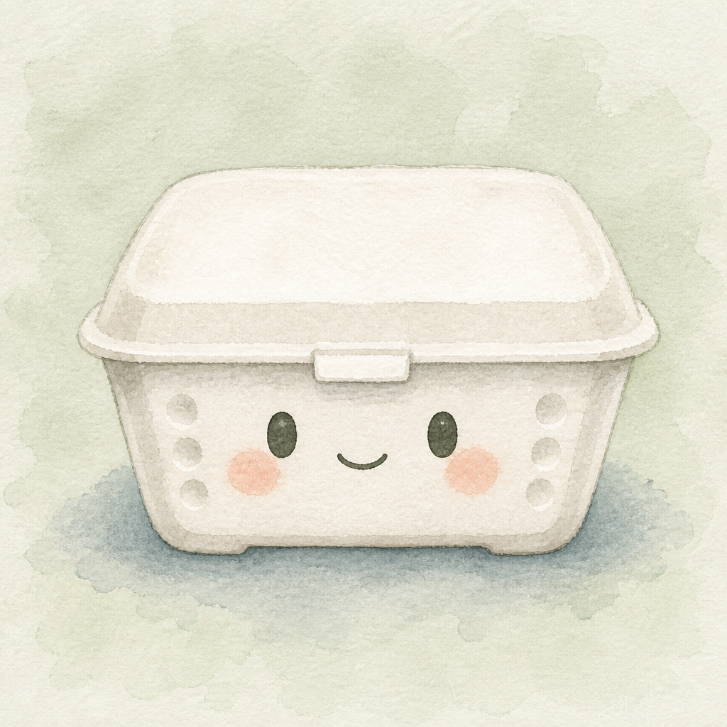 Styro, a smiling watercolor takeout box with little apricot cheeks